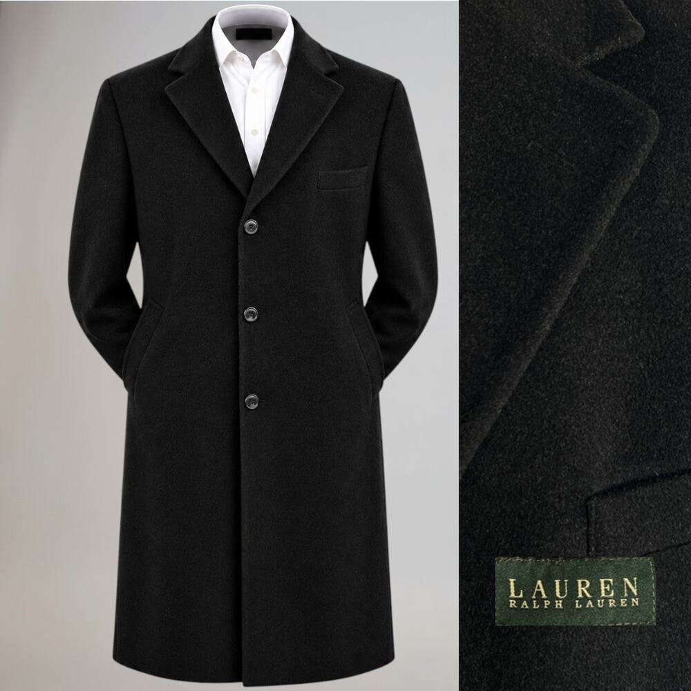 Ralph Lauren LRL Overcoat 46L Black Brushed Wool Long Coat 3 Btn